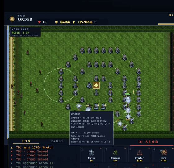 A flow-field preview showing the exact route creeps will take through a maze before the wave spawns