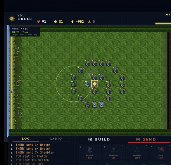 An animated maze in Maul Tactics folding a straight lane into a long switchback path