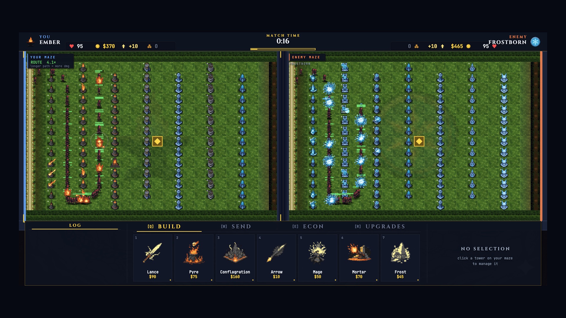 A player-built maze routing creeps back and forth across the board in Maul Tactics