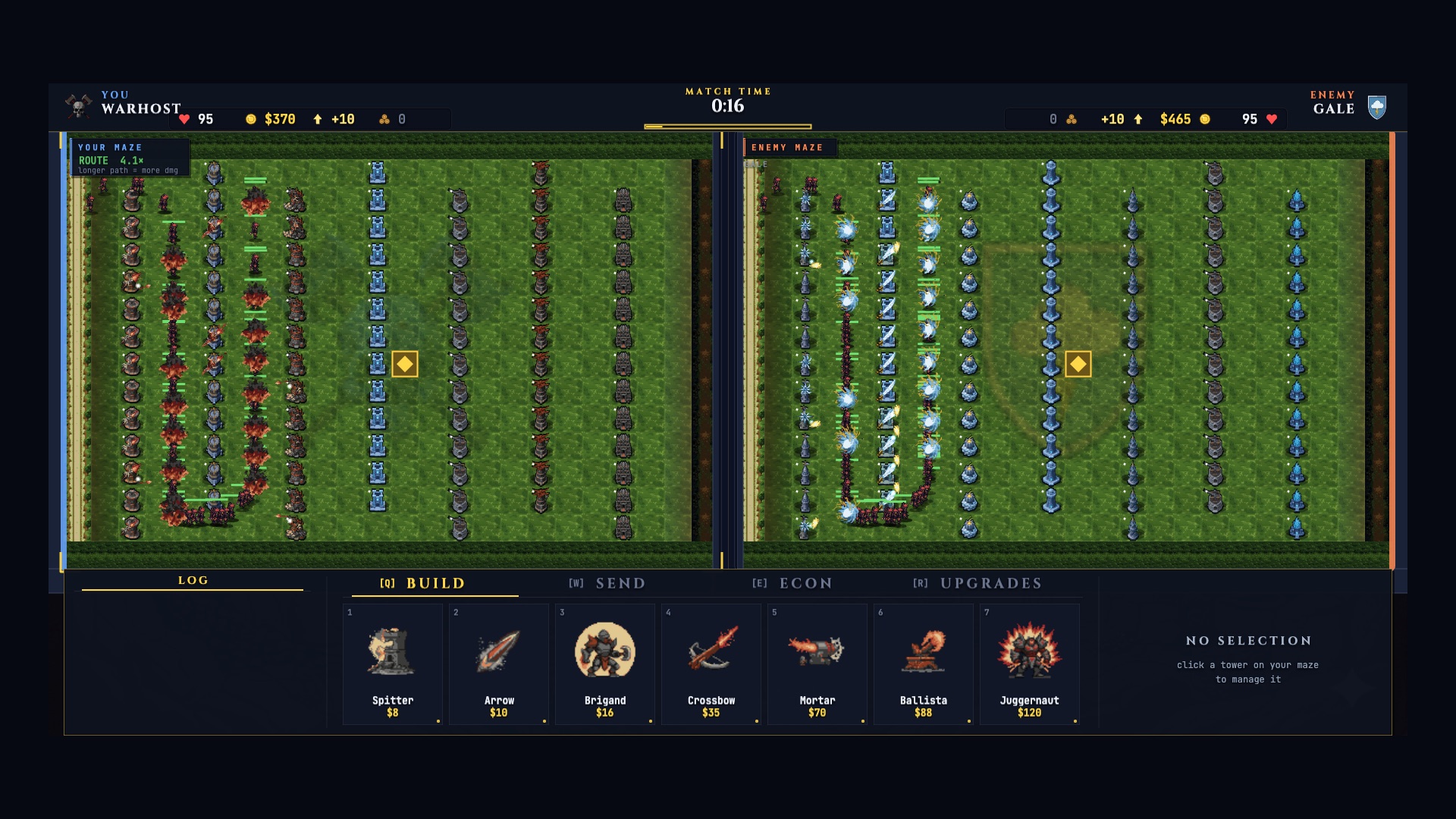A live 1v1 maze tower-defense match, two boards side by side